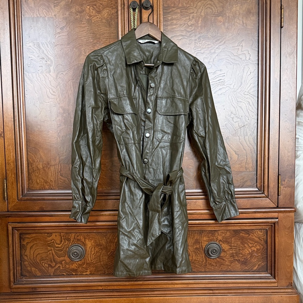 Zara Olive Green Faux Leather Belted Shirt Jacket